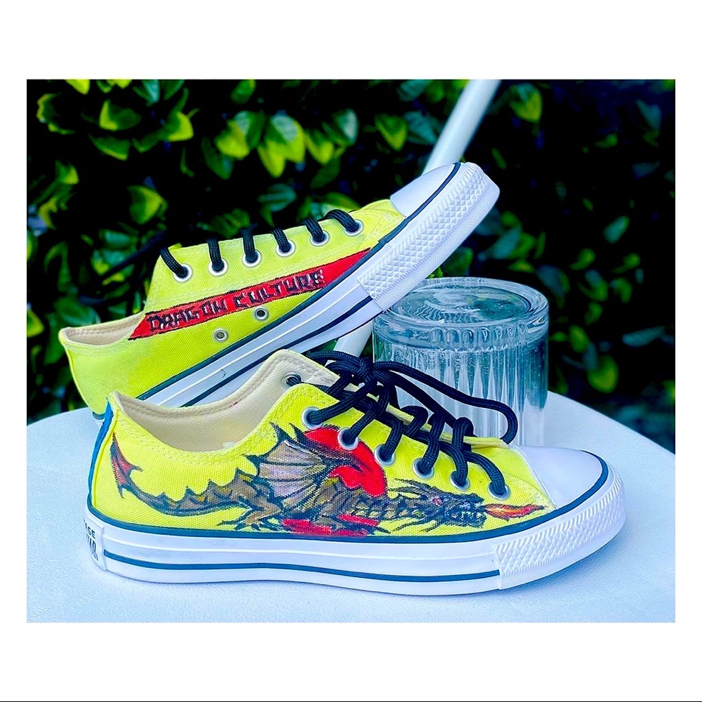 YELLOW CONVERSE WITH CUSTOM MAJESTIC DRAGON DESIGN*BRAND NEW*